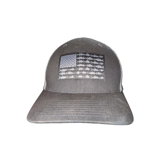 Columbia PFG Mesh Back Trucker‎ Hat Gray American Flag Patch Fishing Cap - Picture 1 of 7